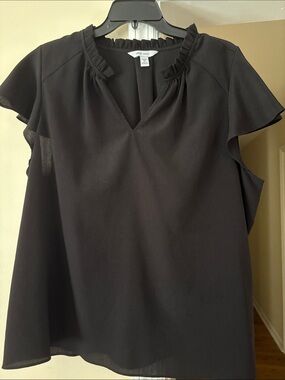 Nine West Black Ruffle Trim V-Neck Flutter Sleeve Blouse